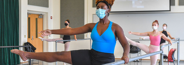 Masked ballet dancers at barre