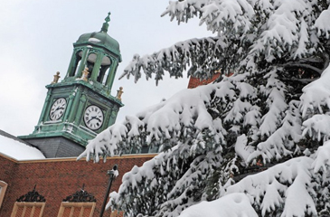 Stephens hall clock tower in snow